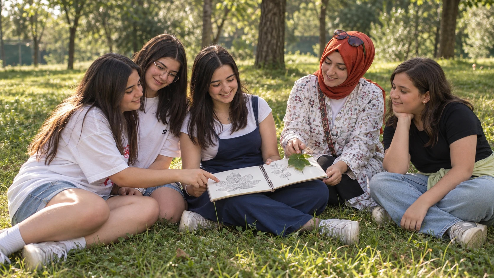 Ağaçların altında öğretmenleriyle doğayı keşfeden öğrenciler